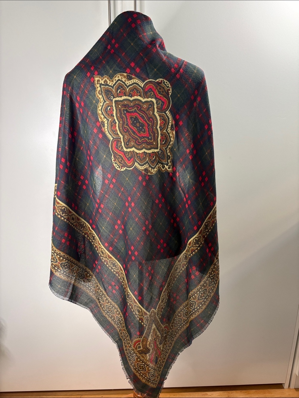 Plaid Paisley Wrap Scarf in Black, Red & Gold